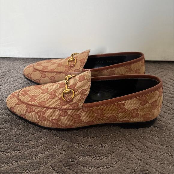 Gucci Jordaan GG Monogram Canvas Horsebit Loafers Beige Brown Flats Size EU 36.5 - Picture 7 of 16